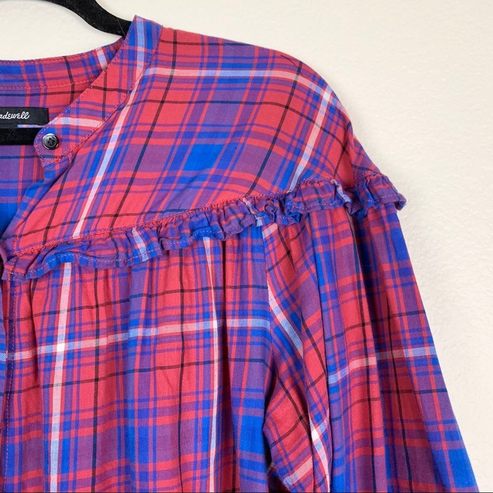 Madewell Red Blue Plaid Ruffle Button Down Shirt Womens Large - Picture 6 of 8